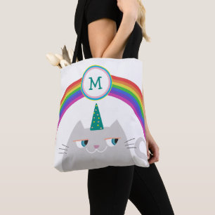 Bolso De Tela Inicial del gato y el arco iris de unicornio