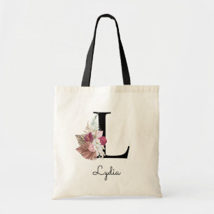 Bolso De Tela Inicial floral boho femenino rosa monograma L