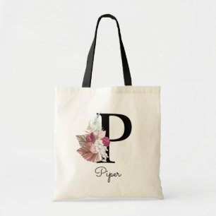 Bolso De Tela Inicial floral boho femenino rosa monograma P