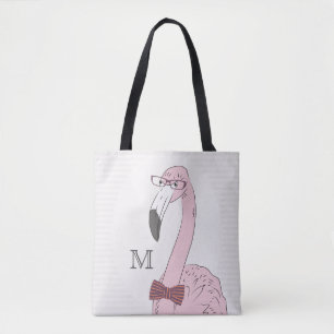 Bolso De Tela Inicial. Hipster Flamingo con Fancy Bow Tie.