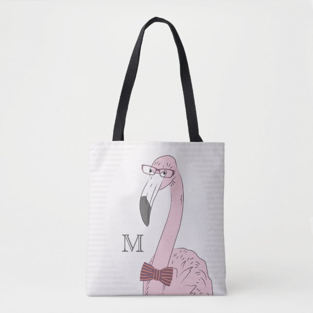 Bolso De Tela Inicial. Hipster Flamingo con Fancy Bow Tie. (Anverso)