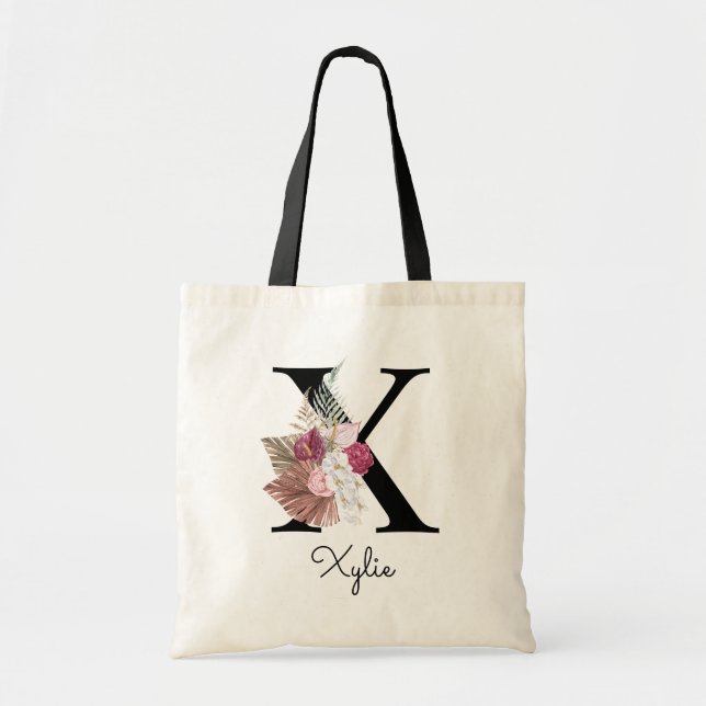 Bolso De Tela Inicial S Monogramada Rosa Floral Boho (Frente)