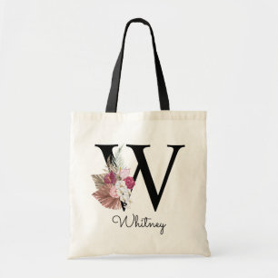 Bolso De Tela Inicial W Monogramada Rosa Boho Floral Femenina