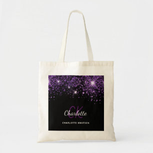 Bolso De Tela Iniciales de monograma con brillo púrpura negro