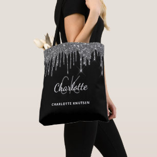 Bolso De Tela Iniciales de monograma con gotas de brillo platead