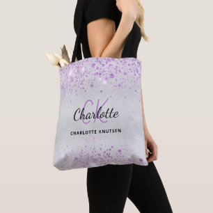 Bolso De Tela Iniciales de monograma de polvo púrpura con brillo