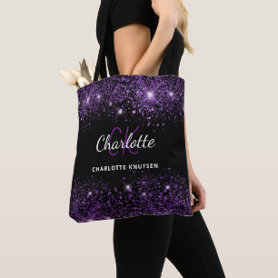Bolso De Tela Iniciales de monograma de purpurina negra y morada