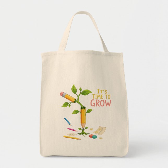 Bolso De Tela Inspirational "It's Time to Grow" Pencil Plant | T (Frente)
