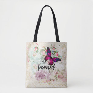 Bolso De Tela Inspiren cita y mariposa rosada en grupo Shabby