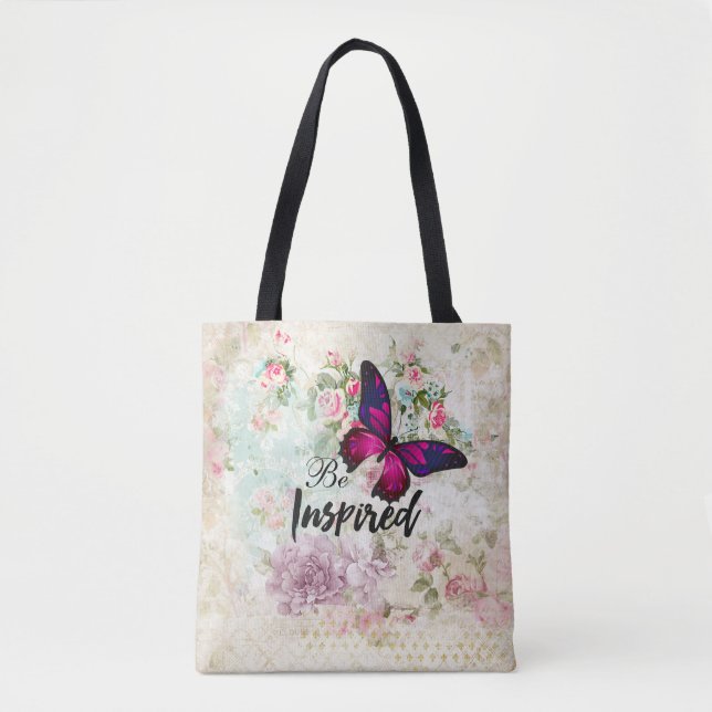 Bolso De Tela Inspiren cita y mariposa rosada en grupo Shabby (Anverso)