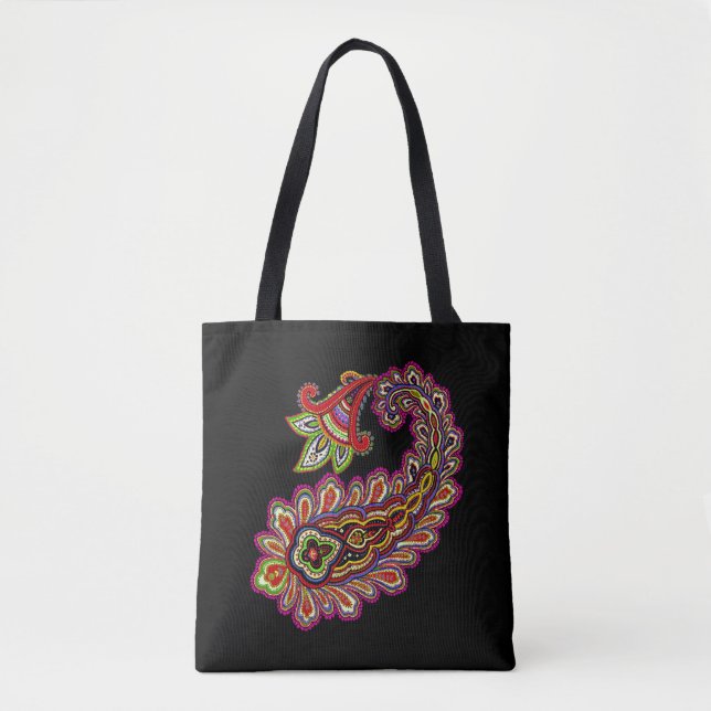 Bolso De Tela Intricate Paisley in Vibrant Pinks on Black  (Anverso)