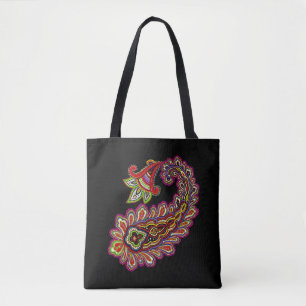 Bolso De Tela Intrincado Paisley en rosados vibrantes sobre negr