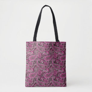 Bolso De Tela Intrincado Paisley en Rosas Vibrantes sobre Negro