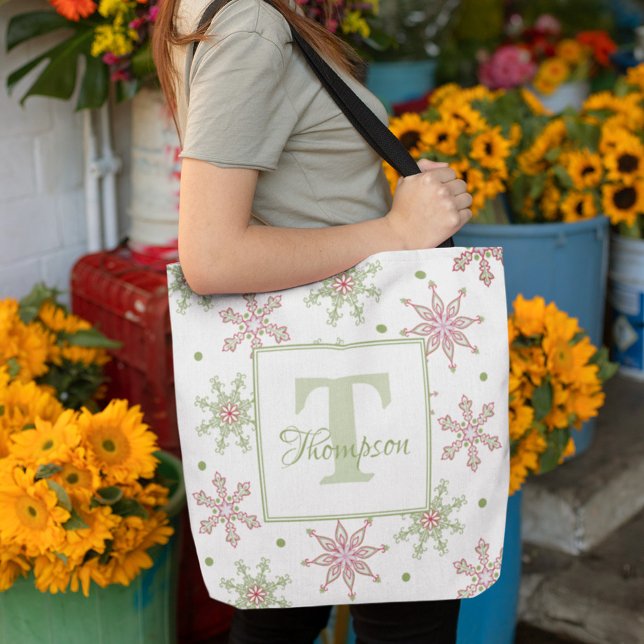 Bolso De Tela Invierno Monograma Snowflake Festividad moderna El (Christmas colorful snowflake pattern monogram tote bag)