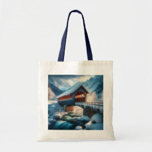 Bolso De Tela Invierno, puente cubierto de nieve y río