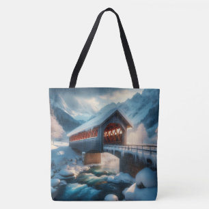 Bolso De Tela Invierno, puente cubierto de nieve y río