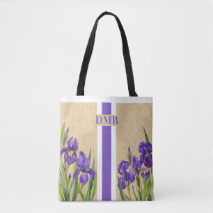 Bolso De Tela Iris Flowers Monogram Faux Burlap Jute