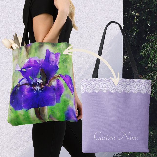 Bolso De Tela Iris Lilac morado y encaje falso personalizado (Purple Iris watercolor style bag with lavender back, "lace" and customizable text great gift for mom)