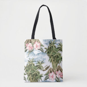 Bolso De Tela Isla de cosecha hawaiana, palmera, barco, rosa 