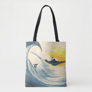 Bolso De Tela Isla tropical, ola, puesta de sol surfista.