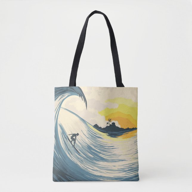 Bolso De Tela Isla tropical, ola, puesta de sol surfista. (Anverso)