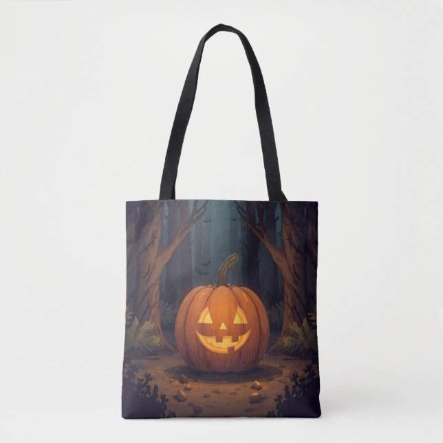 Bolso De Tela Jack O' Lantern Resplandeciente En El Bosque (Anverso)