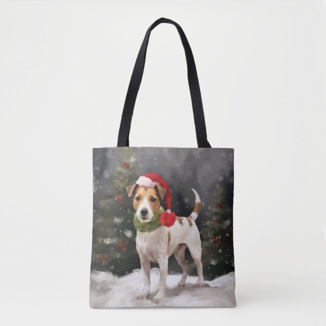 Bolso De Tela Jack Russell Dog en Navidades de nieve (Anverso)