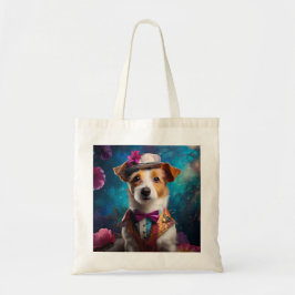 Bolso De Tela Jack Russell, gorra blanco, flor rosa