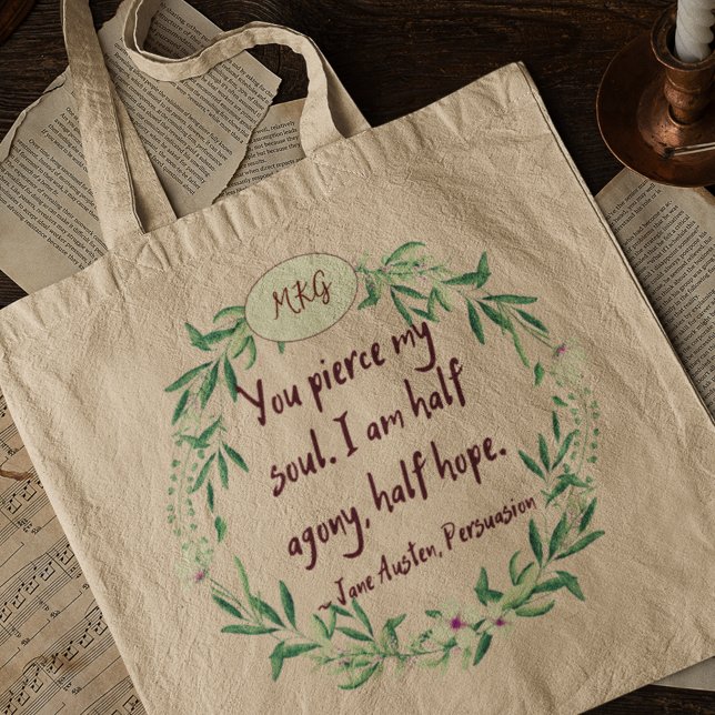 Bolso De Tela Jane Austen Cita Monograma romántico Gusano Bookwo (Subido por el creador)