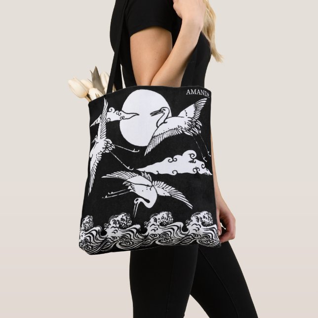 Bolso De Tela Japanese Cranes Over Waves – Personalized (Detalle)