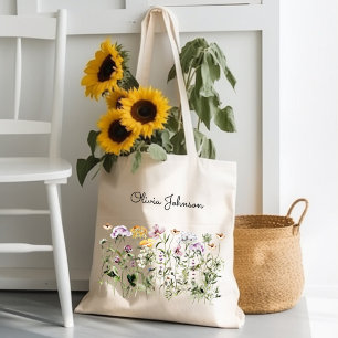 Bolso De Tela Jardín de flores silvestres con acuarela monogramá