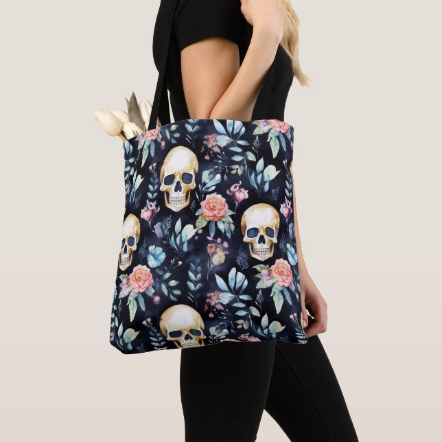 Bolso De Tela Jardín de huesos Calaveras y Rosas reutilizables d (Detalle)