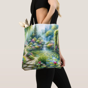 Bolso De Tela Jardín de la cascada encantada, estanque de lirios