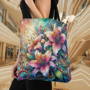 Bolso De Tela Jardín de Lirios con Acuarela Artística