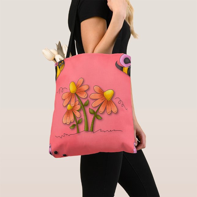 Bolso De Tela Jardín de primavera rosada de abejas y flores (Subido por el creador)