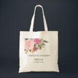 Bolso De Tela Jardín floral rosa nombre de dama de honor de prim<br><div class="desc">La bolsa de mano personalizada para boda presenta ramos florales rosados modernos con nombre y fecha personalizables.</div>