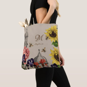 Bolso De Tela Jardín floral rústico vintage con colmena y monogr