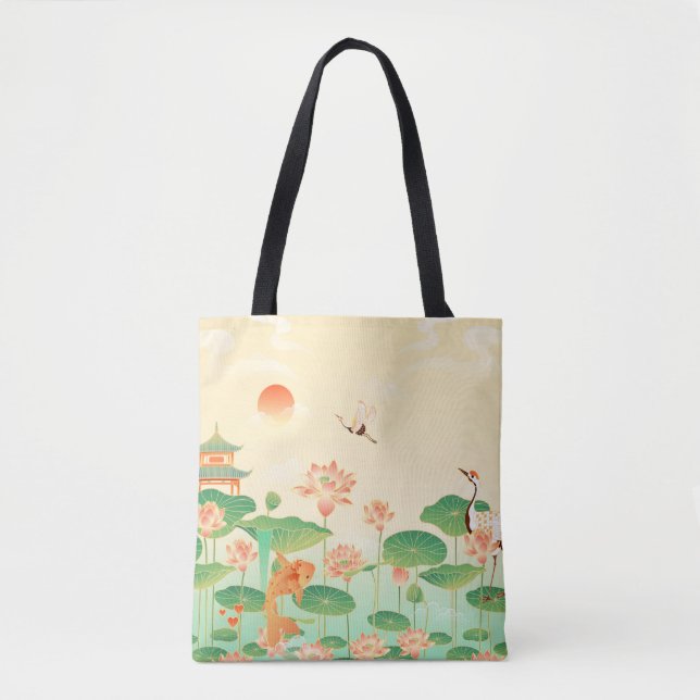 Bolso De Tela Jardín japonés Koi Pond y Waterlilies Art (Anverso)