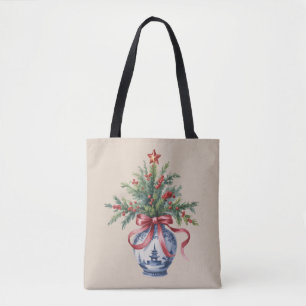 Bolso De Tela Jarrón vintage con árbol de Navidad y lazo rojo de