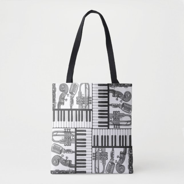Bolso De Tela Jazz Instrumentos musicales Tote blanco y negro (Anverso)