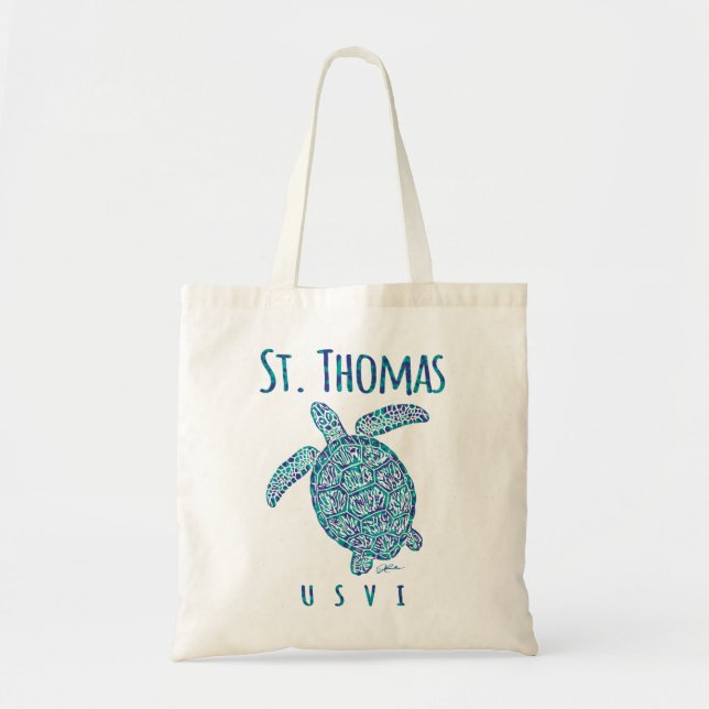 Bolso De Tela JCombs St. Thomas, USVI, tortuga marina, playa (Frente)