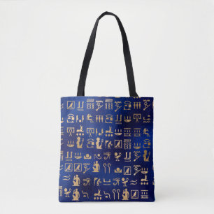 Bolso De Tela Jeroglíficos Antiguos Egipcios Dorados sobre Azul