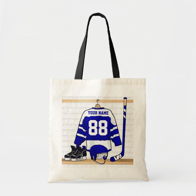 Bolso De Tela Jersey azul y blanco personalizado del hockey (Frente)