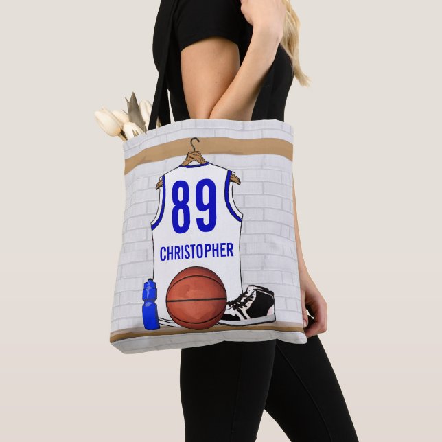 Bolso De Tela Jersey de baloncesto blanco y azul personalizado (Detalle)
