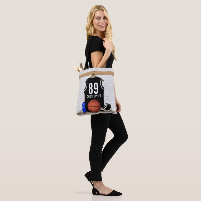 Bolso De Tela Jersey de baloncesto blanco y negro personalizado (Puesto)