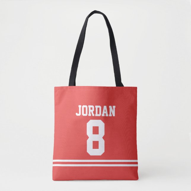 Bolso De Tela Jersey rojo de fútbol con nombre y número personal (Anverso)