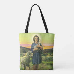 Bolso De Tela Jesús Cristo el Pastor vintage con corderito