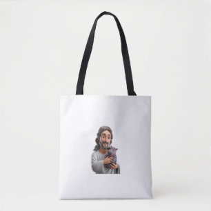 Bolso De Tela Jesús Sostiene Moo Deng_ Art Mezclando La Fe De La