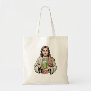 Bolso De Tela Jesús sostiene una bebida verde matcha cristiana