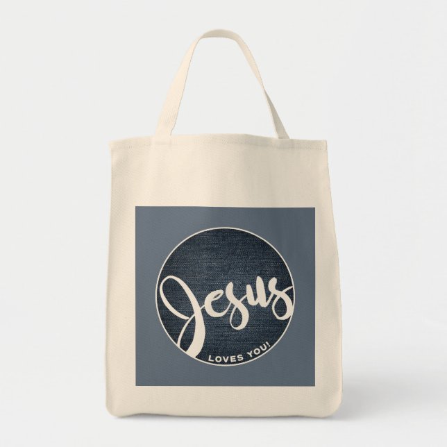 Bolso De Tela Jesús Te Ama Azul Denim Tote Bag (Frente)